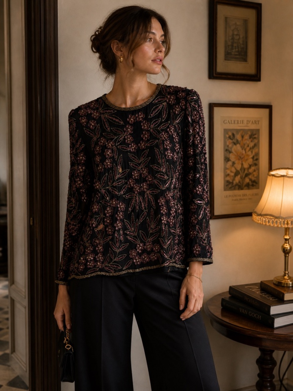 Vintage Stenay Silk Long-Sleeve Top with Rose Gold Floral Sequin Embroidery